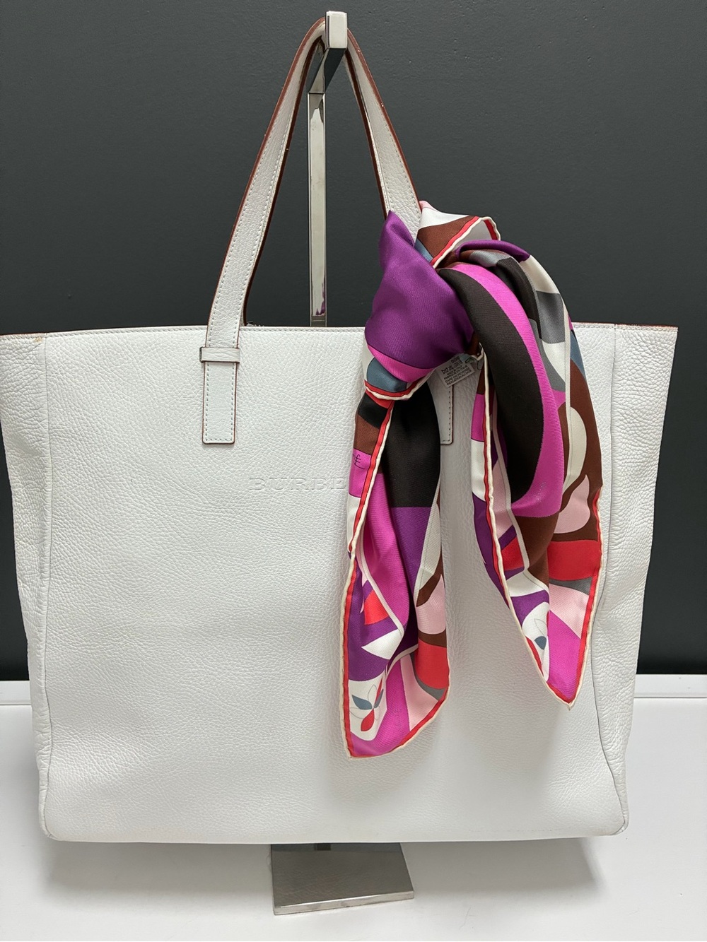 Burberry White Pebbled Leather Tote